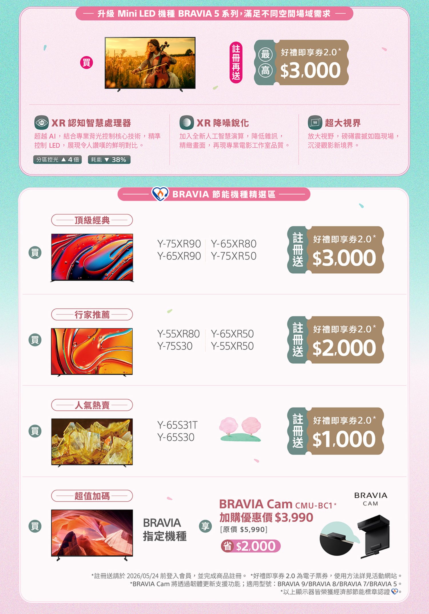 買升級 Mini LED 機種 BRAVIA 5系列,滿足不同空間場域需求最好禮即享2.0*同$3,000 認知智慧處理器超越AI,結合專業背光控制核心技術,精準控制LED,展現令人讚嘆的鮮明對比 XR 降噪銳化加入全新人工智慧演算,降低雜訊,精緻畫面,再現專業電影工作室品質。 超大視界放大視野,磅礡震撼如臨現場,沉浸觀影新境界。分區控光 4倍 耗能38%買買買頂級經典BRAVIA 節能機種精選區Y-75XR90 Y-65XR80Y-65XR90 Y-75XR50-行家推薦Y-55XR80 Y-65XR50Y-75S30Y-55XR50-人氣熱賣Y-65S31T-超值加碼買Y-好禮即享券2.0*$3,000好禮即享券2.0*$2,000好禮即享券2.0*$1,000BRAVIABRAVIA Cam -BC1*CAM加購優惠價$3,990BRAVIA享[原價 $5,990]指定機種省 $2,000*註冊送請於2026/05/24前登入會員,並完成商品註冊。 *好禮即享券2.0為電子票券,使用方法詳見活動網站。*BRAVIA Cam 將透過韌體更新支援功能;適用型號:BRAVIA9/BRAVIA 8/BRAVIA 7/BRAVIA 5。*以上顯示器皆榮獲經濟部節能標章認證。
