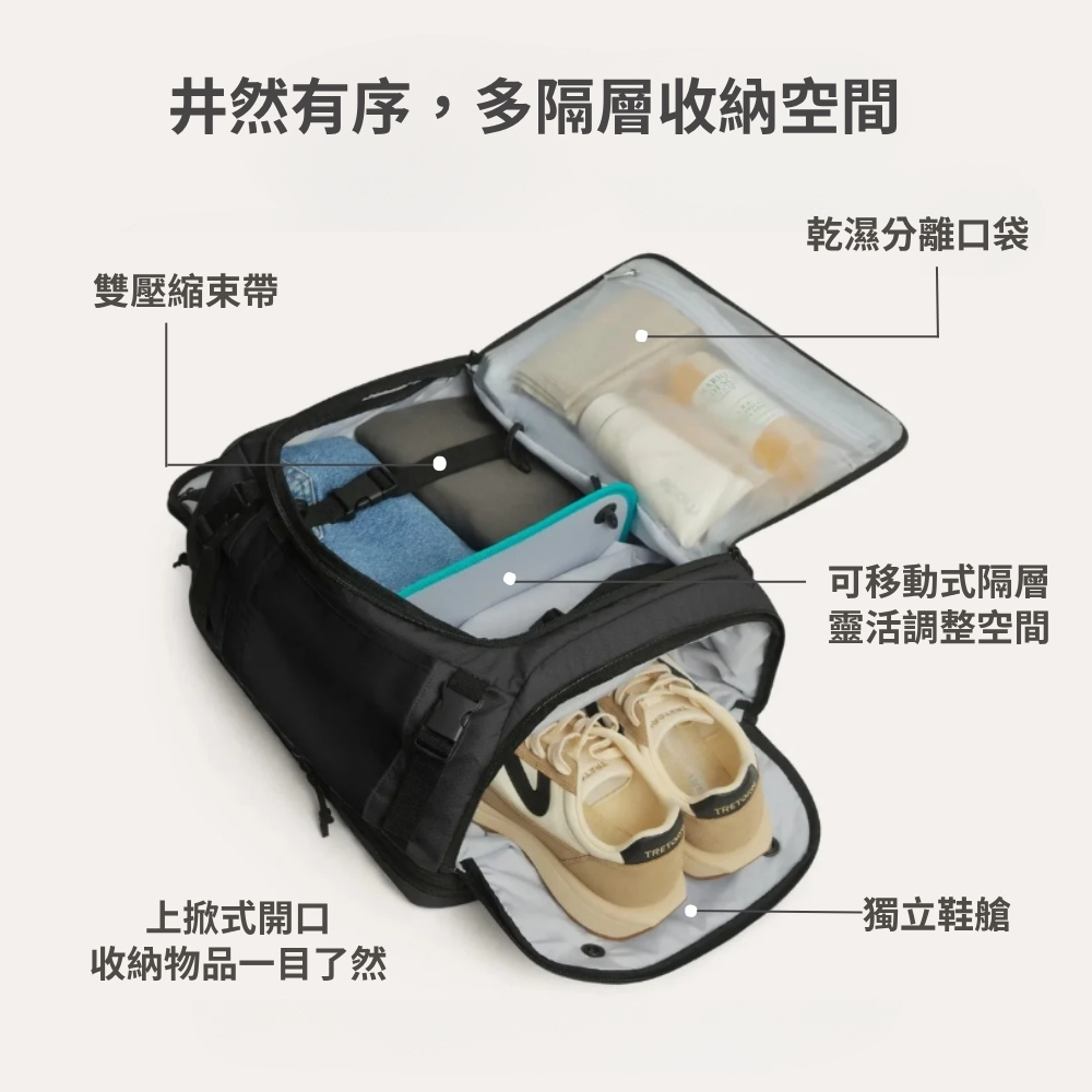 井然有序,多隔層收納空間雙壓縮束帶上掀式開口收納物品目了然乾濕分離口袋可移動式隔層靈活調整空間一獨立鞋艙