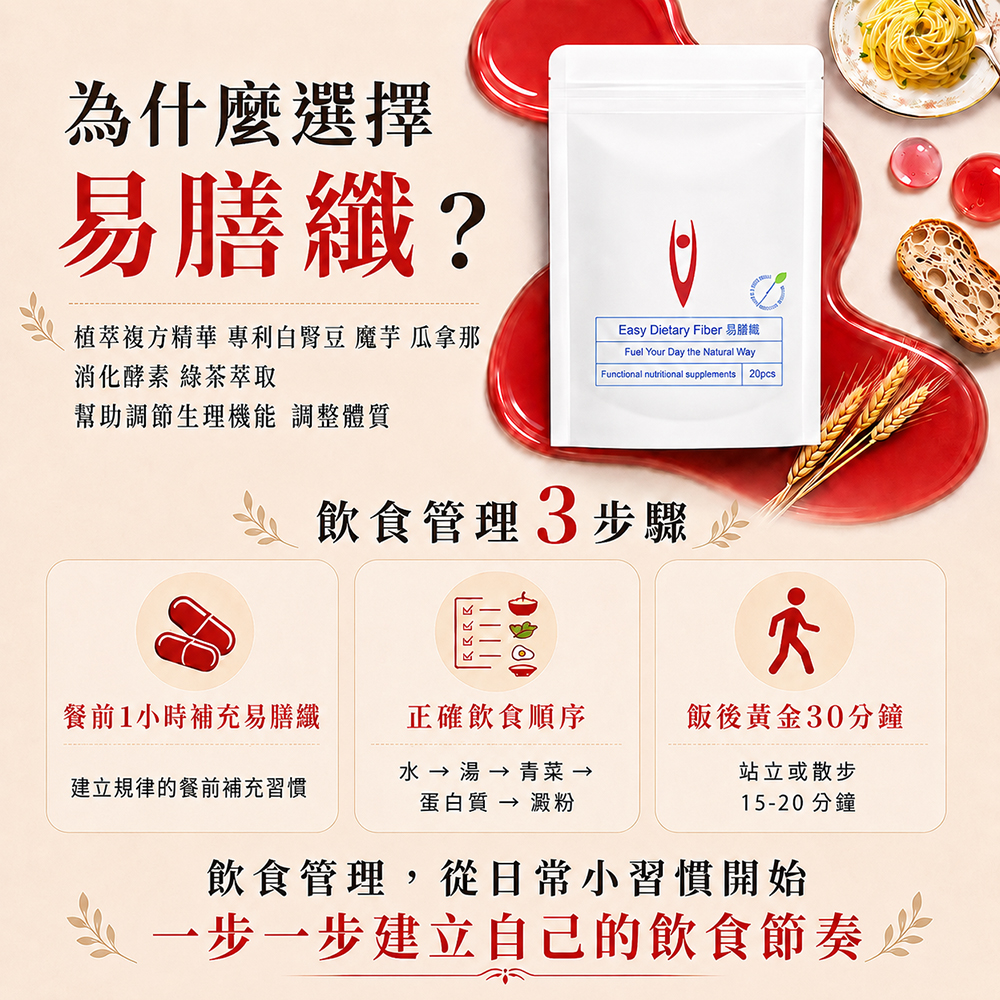 為什麼選擇易膳纖?植萃複方精華 專利白腎豆  瓜拿那消化酵素 綠茶萃取Easy Dietary Fiber 易Fuel Your Day the Natural WayFunctional nutritional supplements 20pcs幫助調節生理機能 調整體質飲食管理3步驟餐前1小時補充易膳纖正確飲食順序飯後黃金30分鐘建立規律的餐前補充習慣  湯  青菜 →蛋白質 → 澱粉站立或散步15-20 分鐘飲食管理,從日常小習慣開始一步一步建立自己的飲食節奏