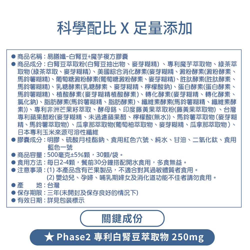 科學配比X足量添加商品名稱:易膳孅-白腎豆+魔芋複方膠囊商品成分:白腎豆萃取粉(白腎豆抽出物、麥芽糊精)、專利魔芋萃取物、綠茶萃取物(綠茶萃取、麥芽糊精)、美國綜合消化酵素(麥芽糊精、澱粉酵素(澱粉酵素、馬鈴薯糊精)、葡萄糖澱粉酵素(葡萄糖澱粉酵素、麥芽糊精)、胜肽酵素(胜肽酵素、馬鈴薯糊精)、乳糖酵素(乳糖酵素、麥芽糊精、檸檬酸鈉)、蛋白酵素(蛋白酵素、馬鈴薯糊精)、植酸酵素(麥芽糊精植酸酵素)、轉化酵素(麥芽糊精、轉化酵素、氯化鈉)、脂肪酵素(馬鈴薯糊精、脂肪酵素)、纖維素酵素(馬鈴薯糊精、纖維素酵素))、專利非洲芒果籽萃取、酵母、印度藤黃果萃取粉(藤黃果萃取物)、台灣專利蘋果醋粉(麥芽糊精、未過濾蘋果醋、檸檬酸(無水))、馬鈴薯萃取物(麥芽糊精、馬鈴薯萃取物)、瓜拿那萃取物(葡萄柚萃取物、麥芽糊精、瓜拿那萃取物)、日本專利玉米來源可溶性纖維膠囊成分:明膠、硫酸月桂酯鈉、食用紅色六號、純水、甘油、二氧化鈦、食用藍色一號商品容量:500毫克±5%顆,30顆/袋。食用方法:每日2-4顆,餐前30分鐘搭配開水食用,多食無益。注意事項:(1)本產品含有芒果製品,不適合其過敏體質者食用。產(2) 嬰幼兒、孕婦、哺乳期婦女及消化道功能不佳者請勿食用。地:台灣保存期限:三年(未開封及保存良好的情況下)有效日期:詳見包裝標示關鍵成份 Phase2 專利白腎豆萃取物 250mg