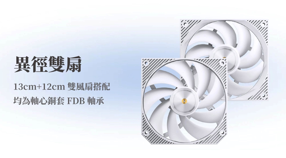 異徑雙扇13cm+12cm 雙風扇搭配均為軸心銅套 FDB 軸承