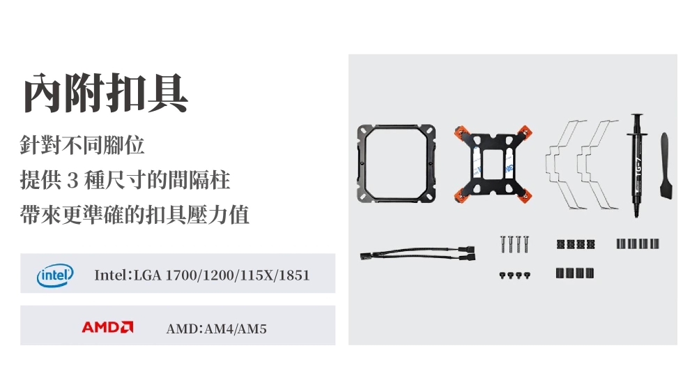 內附扣具針對不同腳位提供3種尺寸的間隔柱帶來更準確的扣具壓力值(intel)Intel:LGA 1700/1200/115X/1851AMDAMD:AM4/AM5