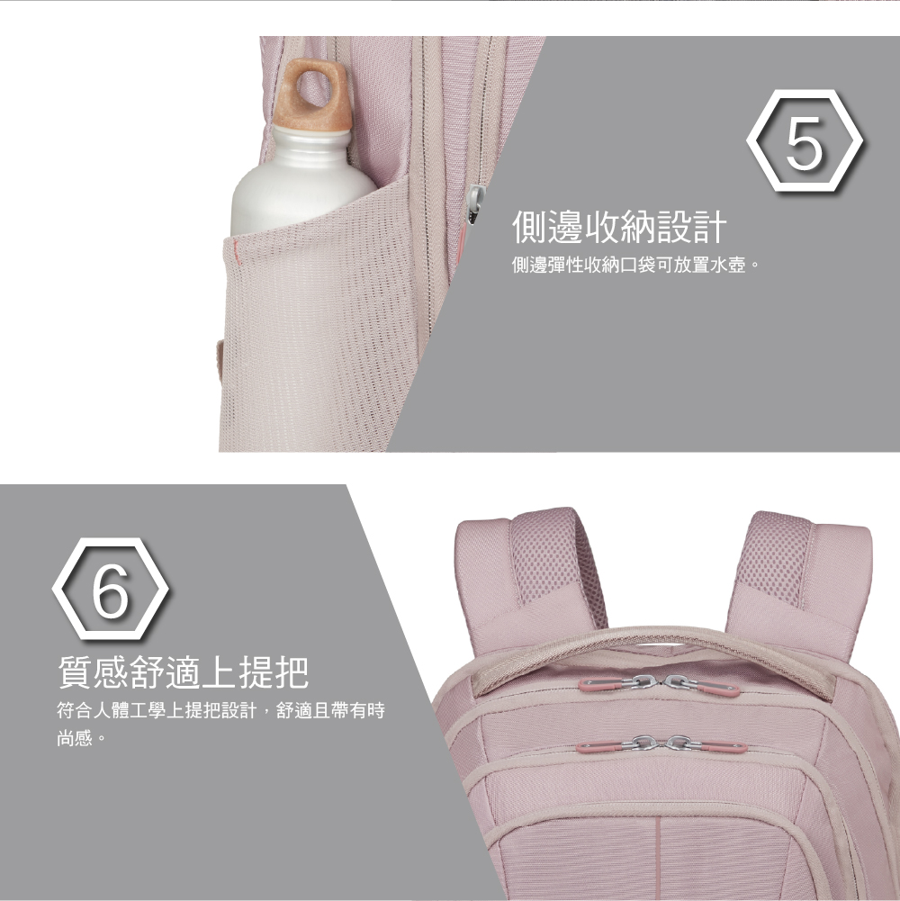 6質感舒適上提把符合人體工學上提把設計,舒適且帶有時尚感。側邊收納設計側邊彈性收納口袋可放置水壺。5