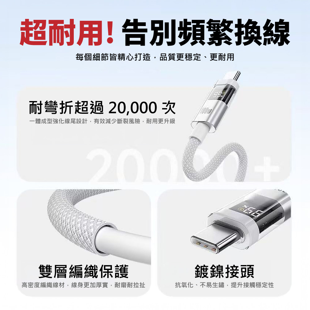 超耐用! 告別頻繁換線每個細節皆精心打造,品質更穩定、更耐用S耐彎折超過 20,000次一體成型強化線尾設計,有效減少斷裂風險,耐用更升級雙層編織保護高密度編織線材,線身更加厚實,耐磨耐拉扯鍍鎳接頭抗氧化、不易生鏽,提升接觸穩定性
