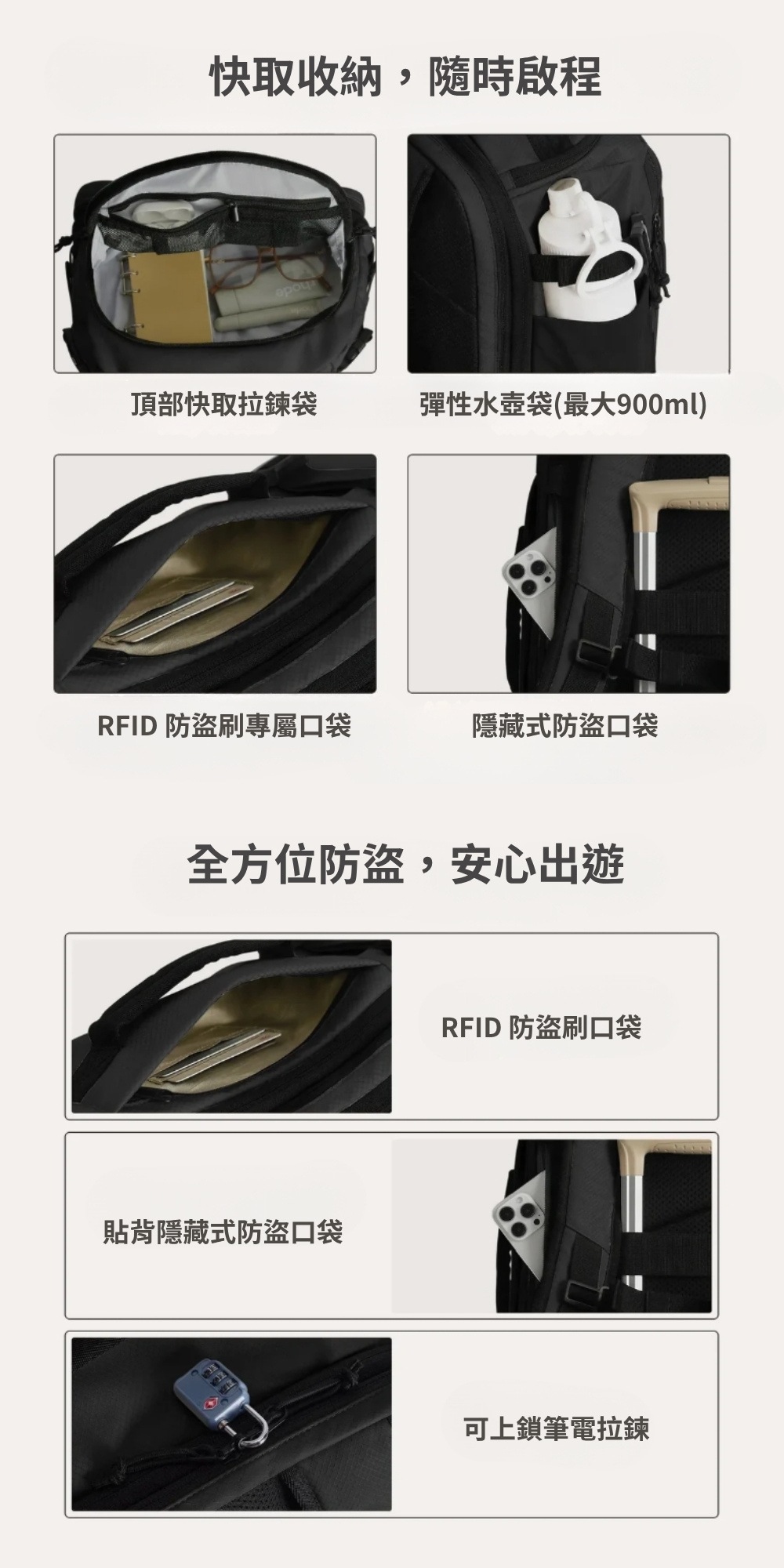 快取收納,隨時啟程頂部快取拉鍊袋彈性水壺袋(最大900ml)RFID 防盜刷專屬口袋隱藏式防盜口袋全方位防盜,安心出遊貼背隱藏式防盜口袋RFID 防盜刷口袋可上鎖筆電拉鍊