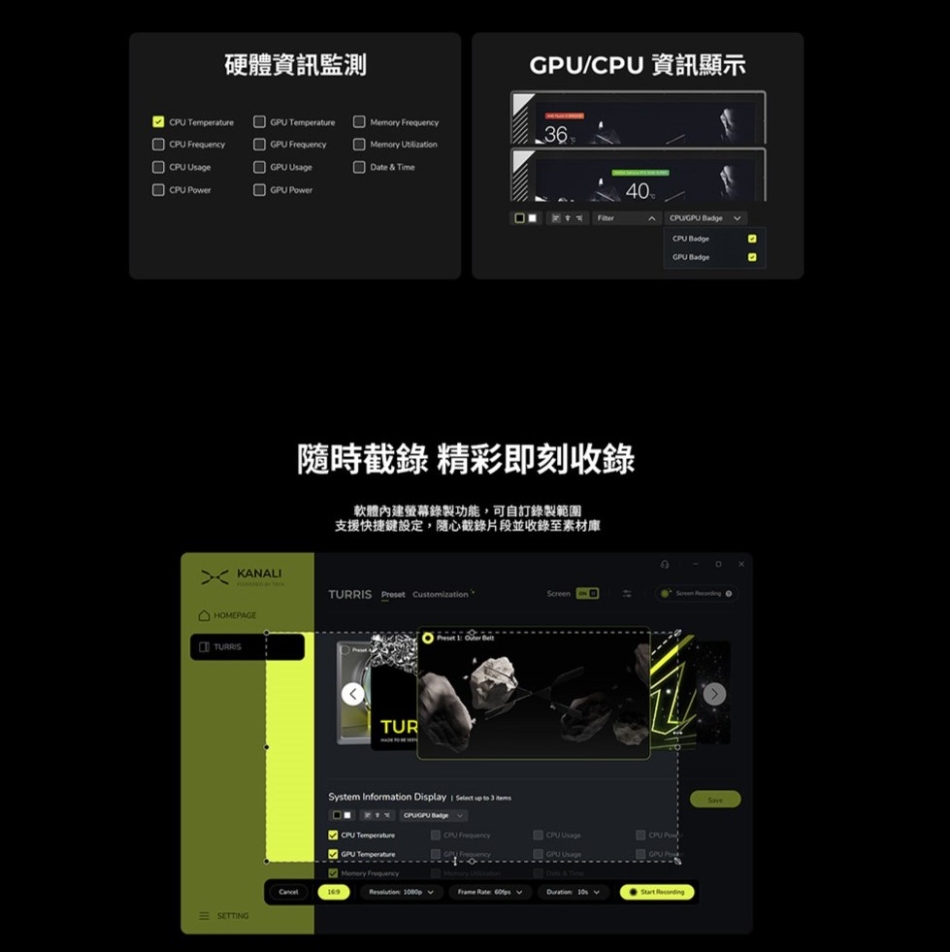 硬體資訊監測 資訊顯示   Teperature 6  Frequency    Usage & Time 40CU/GU CPU Badge隨時截錄 精彩即刻收錄軟體內建螢幕錄製功能,可自訂錄製範圍支援快捷鍵設定,隨心截錄片段並收錄至素材庫GPU BadgeXKANALI  Screen HOMEPAGETURRISSETTINGCancelTURSystem Information Display     3 m CPU CPU FrequencyCPU UsageTemperatureGPU FrequencyGPU UsageCPU PGPU PMemory Frequency & Time169    Duration  RecordingSave