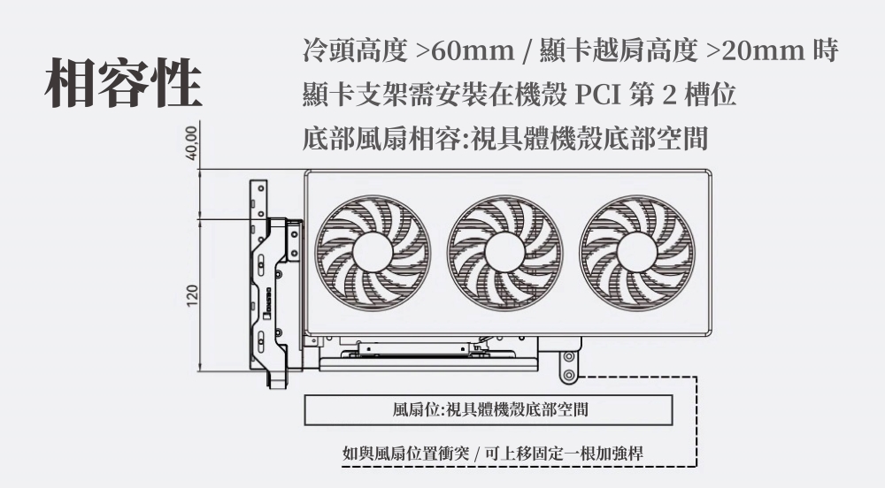 12040,00冷頭高度 60mm/顯卡越肩高度 20mm 時相容性顯卡支架需安裝在機殼PCI第2槽位底部風扇相容:視具體機殼底部空間風扇位:視具體機殼底部空間如與風扇位置衝突可上移固定一根加強桿