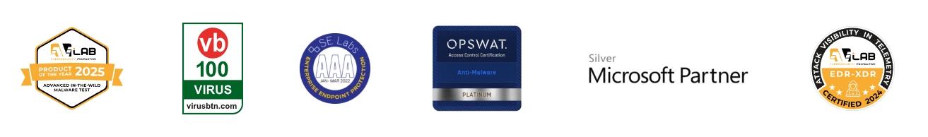 LAB THE  2025PRODUCTADVANCED INTHEWILDMALWARE TESTvb100VIRUSvirusbtn.comSELabsAAAJANMAR 2022ENDPOINTOPSWAT.  Anti-MalwarePLATINUMSilverMicrosoft PartnerVISIBILITYATTACKINEDR-XDRCERTIFIEDELEMETRY2024