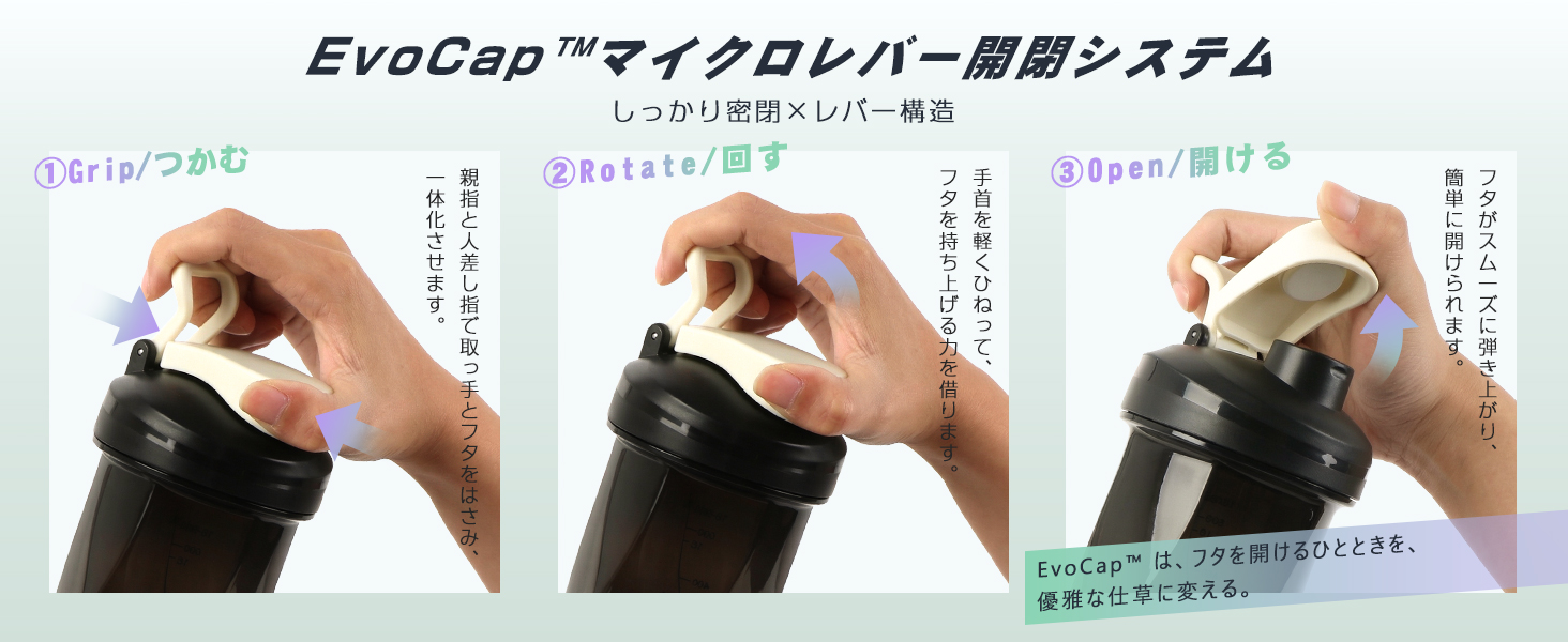 ①Grip/つかむEvoCap  マイクロレバー開閉システムしっかり密閉レバー構造②Rotate / 回す③Open / 開けるフタを持ち上げる力を借ります。手首を軽くひねって、親指と人差し指で取っ手とフタをはさみ、一体化させます。簡単に開けられます。フタがスムーズに弾き上がり、EvoCap™ は、フタを開けるひとときを、優雅な仕草に変える。