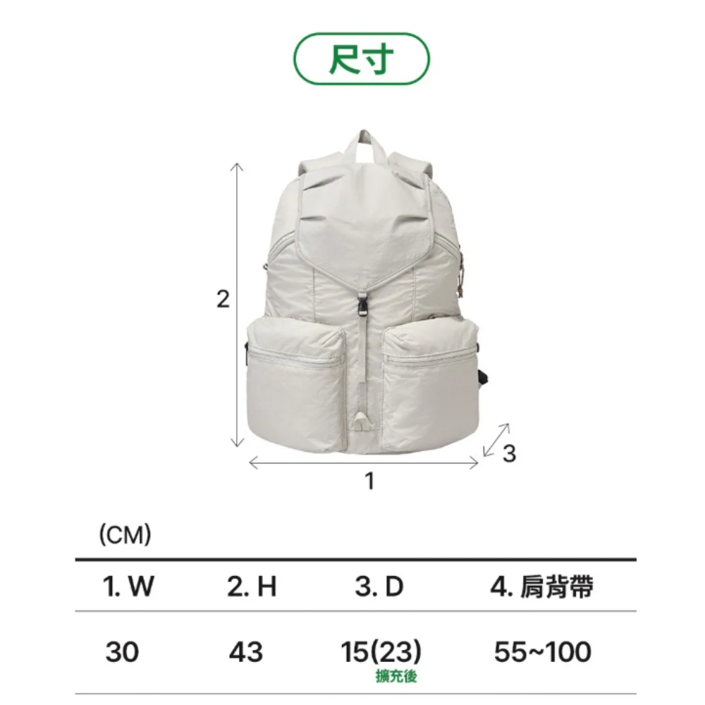 2尺寸31(CM)1. W2. H3. D30304315(23)擴充後4. 肩背帶55100