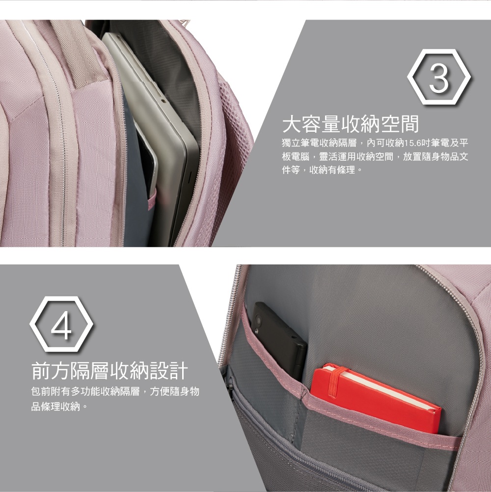 4前方隔層收納設計包前附有多功能收納隔層方便隨身物品條理收納。大容量收納空間3獨立筆電收納隔層,內可收納15.6吋筆電及平板電腦,靈活運用收納空間,放置隨身物品文件等,收納有條理。