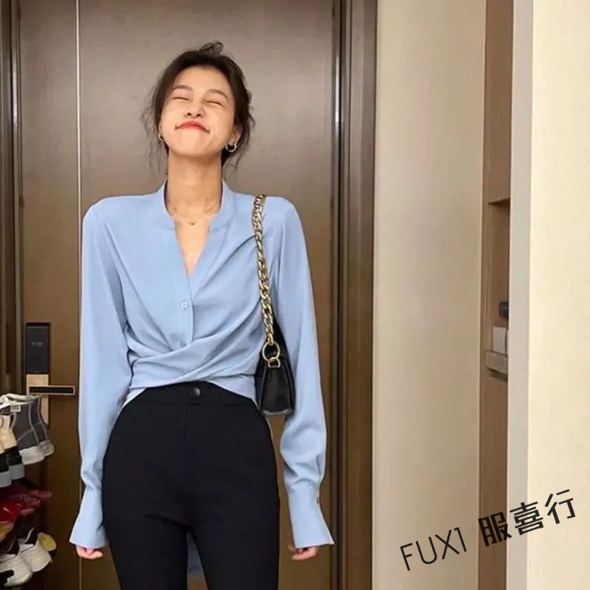 FUXI 韓版溫柔風長袖襯衫女 設計感交叉收腰襯衫 藍色襯衫 顯瘦白襯衫 襯衣 立領V領襯衫