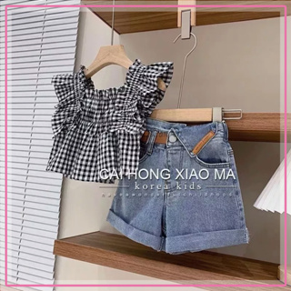 ✨小不點兒✨韓版童裝女童夏季時髦套裝2023洋氣格子背心上衣牛仔短褲兩件套（110-150）