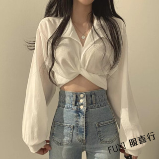 FUXI 韓版長袖襯衫女 短版上衣 小眾設計感後背繫帶蝴蝶結短版襯衫 V領襯衫