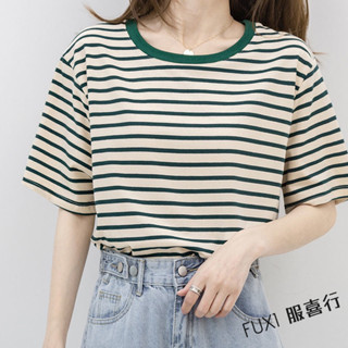 FUXI 條紋上衣 短袖T恤 女生上衣 韓版寬鬆圓領上衣 半袖 高階感上衣 顯瘦 女裝 衣服