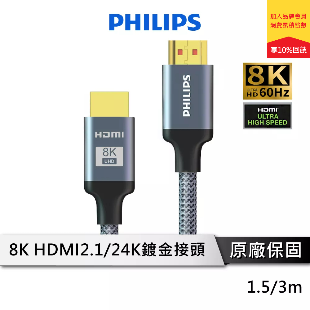 PHILIPS飛利浦 SWV9115/ SWV9130 旗艦款 HDMI 2.1 鋁合金影音傳輸線 1.5m 3m