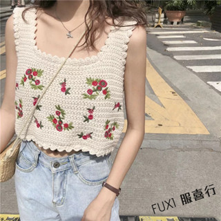 FUXI 花朵刺繡背心 針織背心女 短版背心 寬鬆顯瘦平口背心 無袖上衣 女裝 衣服 吊帶