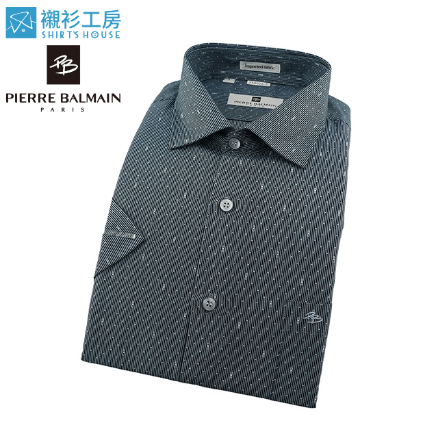 皮爾帕門pb深藍色竹節般印花、理性邏輯思考型合身短袖襯衫68026-05-襯衫工房
