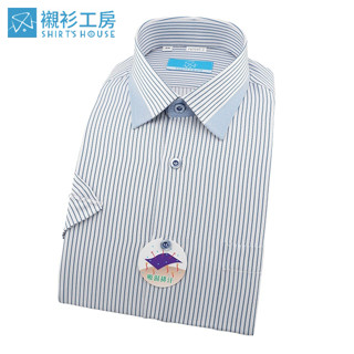 shirt's house白底藍色條紋領面定位設計、吸濕排汗特殊材質合身短袖襯衫87045-02-襯衫工房