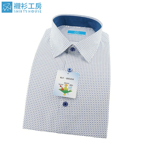 SHIRT'S HOUSE 白色底藍色印花點點 吸汗速乾特殊材質 領座配布合身長袖襯衫86125-02-襯衫工房