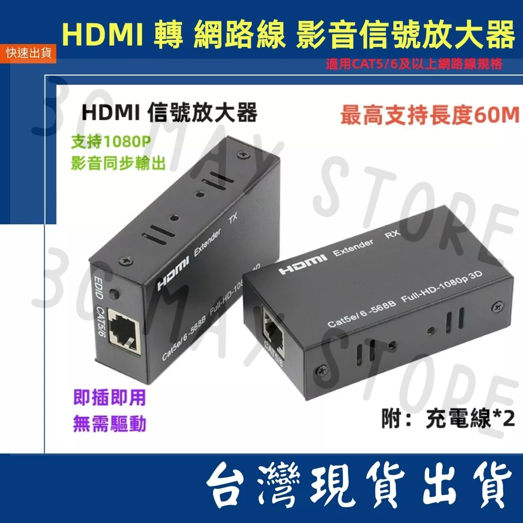 台灣賣家 1080P  RJ45 HDMI CAT.6 中繼器 母對母 延長器 60米 60M 40米 延伸 訊號放大器