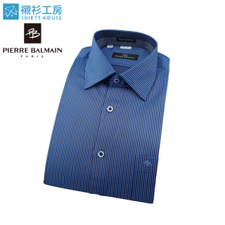皮爾帕門pb深藍色條紋領座及袖口裏配印花布、極低調悶騷、觸感絲滑像暖男合身長袖襯衫66134-05-襯衫工房