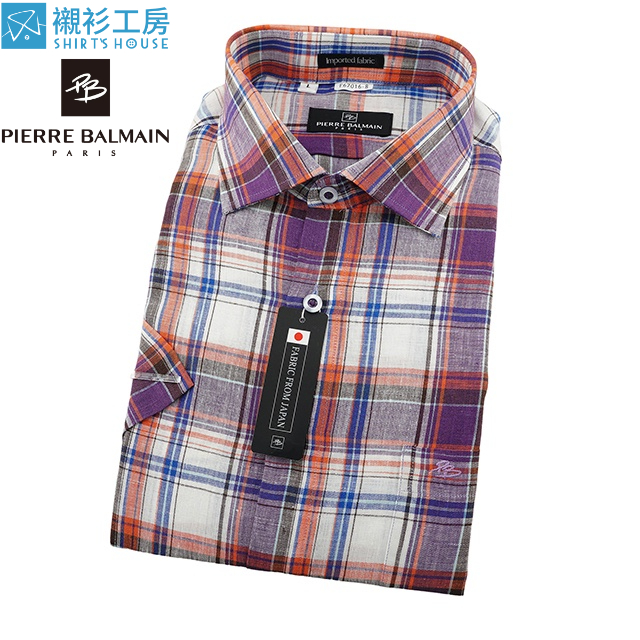 皮爾帕門pb紫色大格紋、純麻日本布休閒舒適、下襬齊支可外搭寬鬆短袖襯衫67016-08-襯衫工房