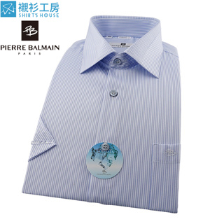 皮爾帕門pb白底藍色細線條、領面切割拼接、降溫、抗菌、速乾、抗紫外線四合一特殊材質合身短袖襯衫68047-02-襯衫工房