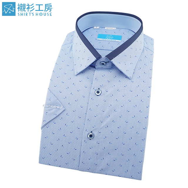 SHIRT'S HOUSE藍色底點點領面拼接深藍素面、領座配布合身休閒短袖襯衫87028-02 -襯衫工房