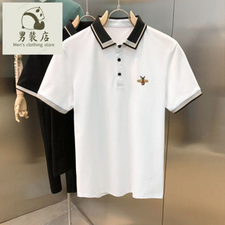 🚚免運熱銷 大尺碼男裝 短袖POLO衫 短袖上衣 男生衣服 夏新款英倫蜜蜂刺繡翻領POLO衫男士修身復古短袖撞色潮流異