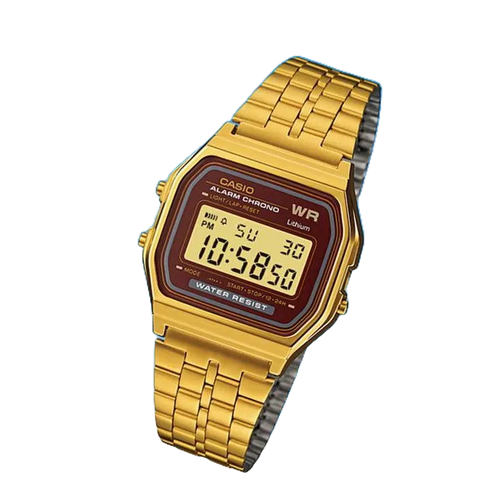 【CASIO復古金錶】專賣店 經緯度鐘錶 復古金色電子錶 大字幕金色不鏽鋼錶帶 保證正品【↘超低價】A159WGEA