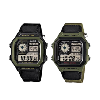 CASIO地圖錶 強悍軍事風格 帆布錶帶 世界時間 百米防水 LED燈 臺灣現貨【↘超低價】AE-1200WHB