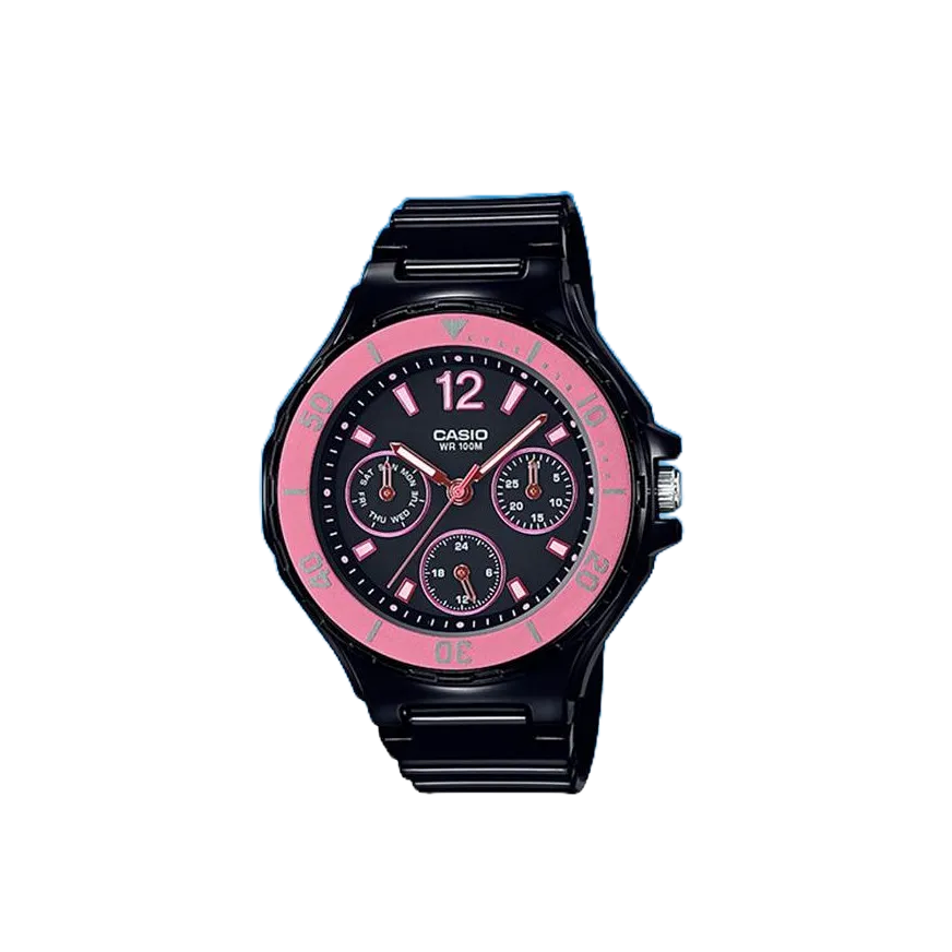 CASIO潛水錶風格概念 女性運動風錶款 100米防水 三眼設計 黑色及粉紅色全新配色 LRW-250H 經緯度鐘錶