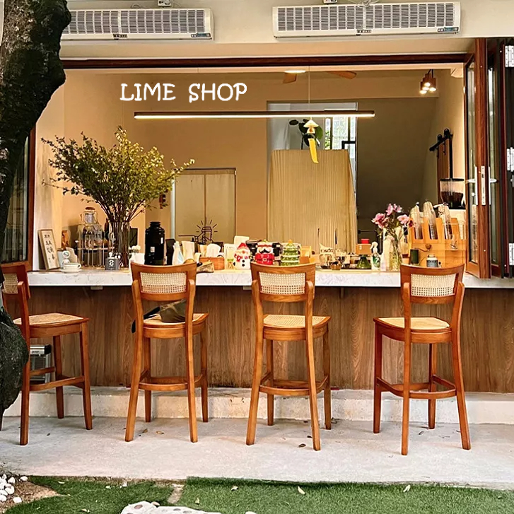 『LIME』免運💚美式復古咖啡廳吧台椅 藤編吧椅 實木靠背椅 餐椅 酒吧椅 高腳凳 高腳椅 中島椅 椅子（可開立發票）