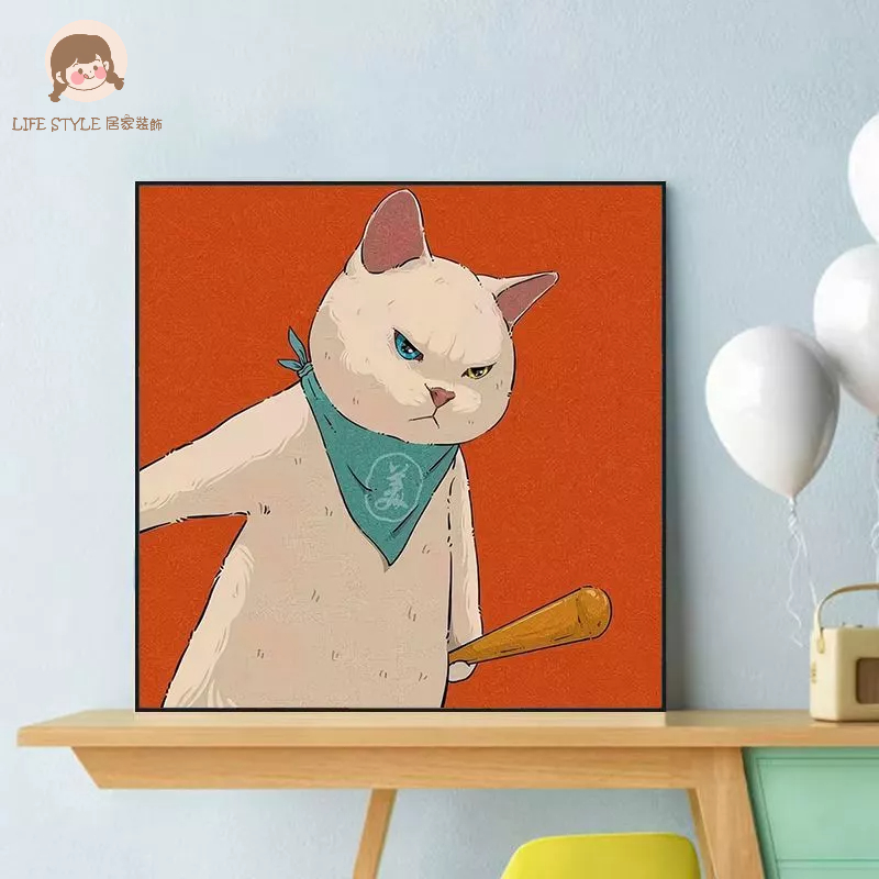 【台灣出貨】diy數字油畫 可愛搞怪 貓咪數字油畫 有框 創意萌寵動物壁畫 填色畫 掛畫 裝飾畫數字油畫 20x20cm