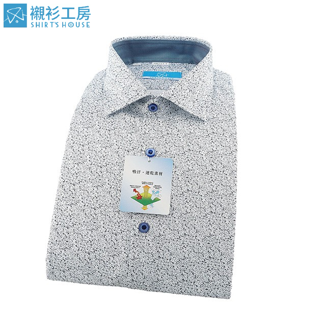 SHIRT'S HOUSE 白底藍色印花點點 吸汗速乾特殊材質 領座配布合身長袖襯衫86123-05-襯衫工房