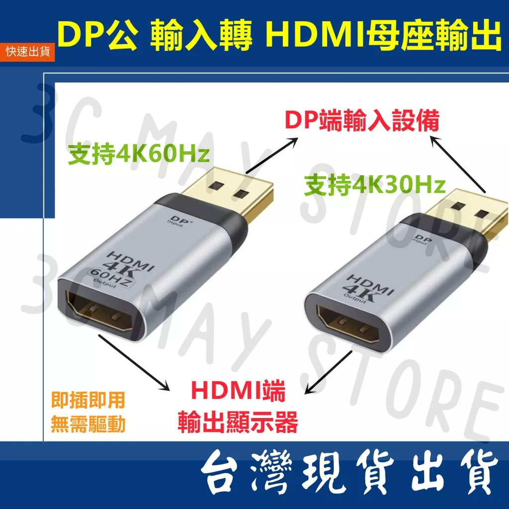 台灣賣家  4K 60Hz HDMI 母座 輸出 轉 DP 公 輸入 轉接頭 對接頭 影音 傳輸線 筆電 電腦