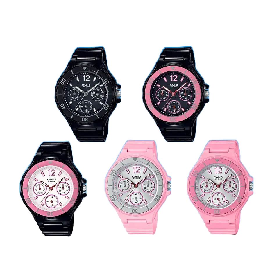 CASIO潛水錶風格概念設計 女性運動風錶款 100米防水 三眼設計 黑色及粉紅色全新配色 LRW-250H 經緯度鐘錶