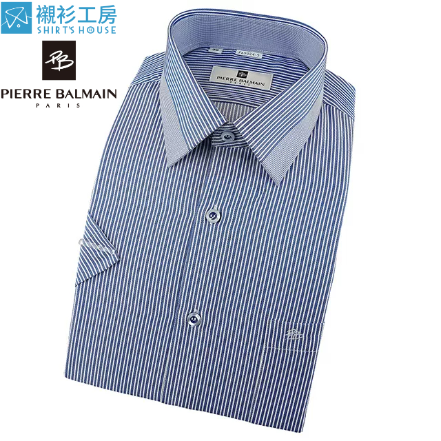 皮爾帕門pb藍色條紋、領面定位設計、品味時尚、吸汗速乾特殊材質短袖襯衫69024-05-襯衫工房