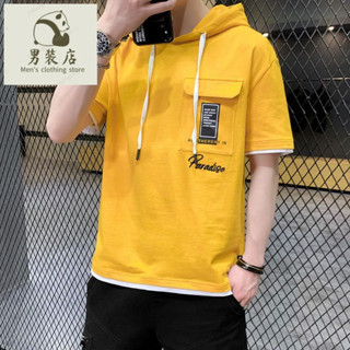 🚚免運熱銷 男生衣服 短袖帽T 短袖連帽衫 短袖連帽衣 男士短袖t恤夏季新款圓領純棉寬松上衣潮流休閑大碼男裝百搭t恤男