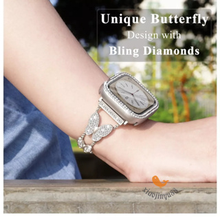 蝴蝶鑲鑽Apple watch s9ultra手錶帶殼框套裝蘋果S8/7不鏽鋼41/45/49mm 設計款女款