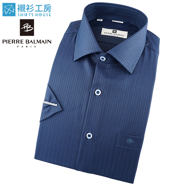 皮爾帕門pb深藍色素面緹花、暢銷款激推、除臭–對氨臭、煙臭與汗臭效果優異、合身短袖襯衫-69025-05-襯衫工房