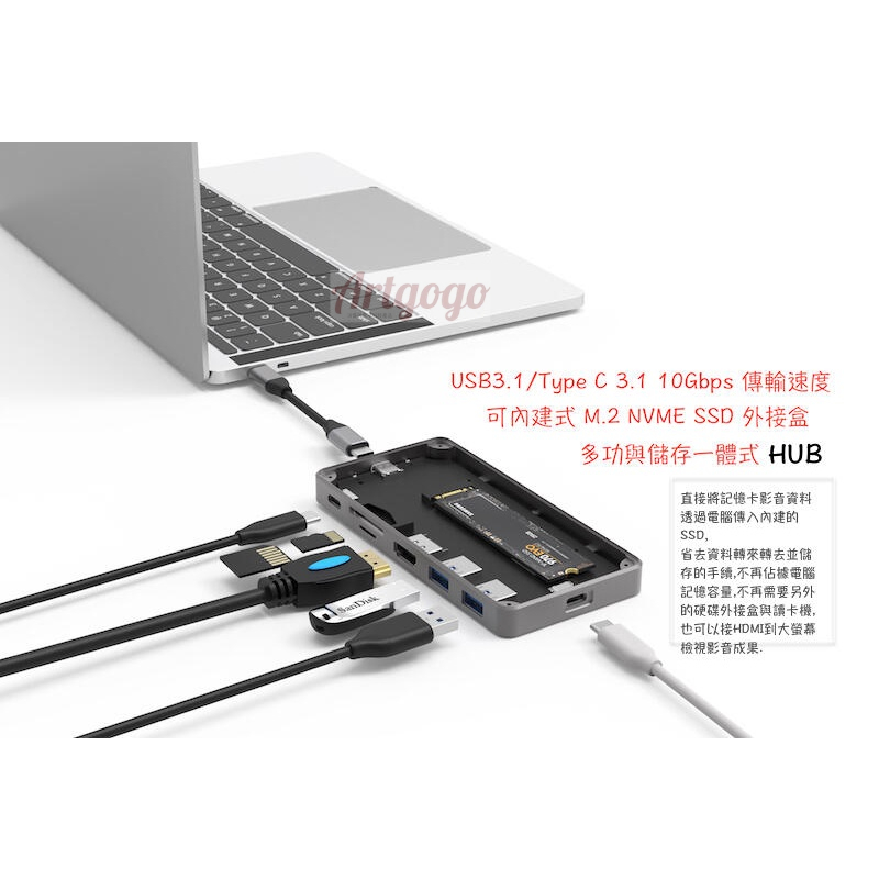 M.2 NVMe SSD HUB硬碟外接盒,Macbook iPad Pro USB3.1 HUB硬碟外接盒集線器擴展塢
