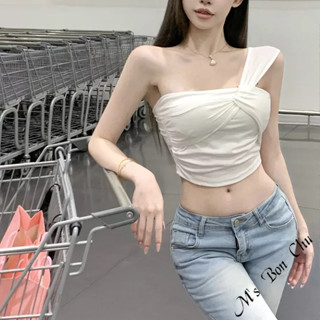 單肩美胸罩杯上衣【9755】春夏新款韓系INS性感貼身氣質純欲辣妹無袖素色純色短版露肚臍涼感爆乳大奶美背 繞頸背心女