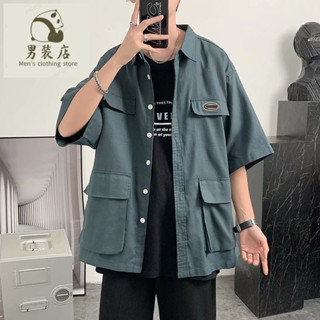 🚚免運熱銷 短袖襯衫 男生衣服 大尺碼 休閒襯衫 外套 韓版 港風ins工裝多口袋短袖夏季襯衫男寬松超大碼外套五分袖襯