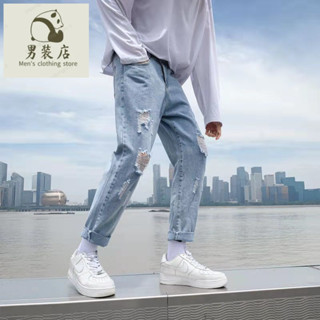 🚚免運熱銷 男生衣服 牛仔褲 休閒褲 工裝褲 大碼復古 破洞牛仔褲男寬松直筒學生韓版潮流百搭夏秋季九分褲子休閑乞丐褲