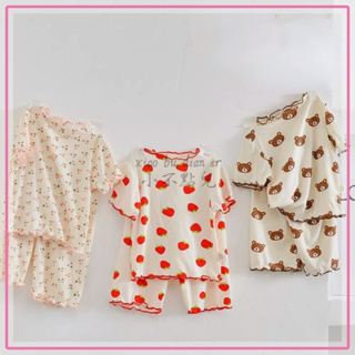 ✨小不點兒✨女童短袖睡衣 甜美 夏季新款嬰幼兒套裝男女寶小熊草莓舒適家居服兩件套洋氣可外穿潮（90-140cm）