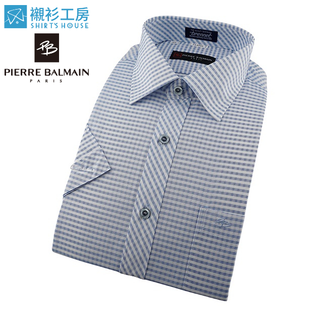 皮爾帕門pb淺藍 白細格、門襟斜格設計合身短袖襯衫64006-02 -襯衫工房