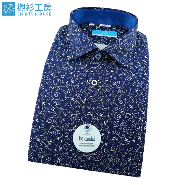 SHIRT'S HOUSE 深藍色底瓜藤綿延抽象印花 領座配布合身長袖襯衫87140-05-襯衫工房