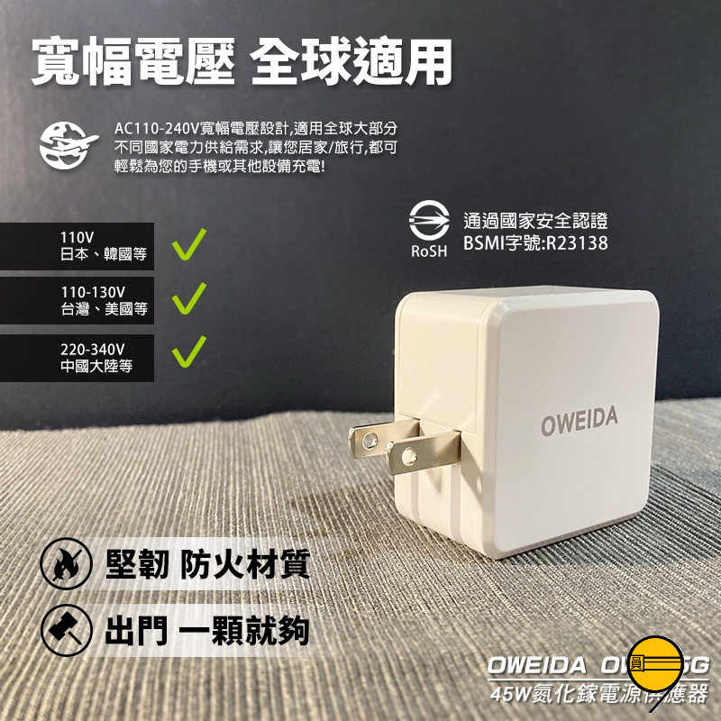 Oweida PD快充頭 Type C充電頭 Usb豆腐頭 氮化鎵GaN 45W雙孔插頭 適用 iPhone 17 16